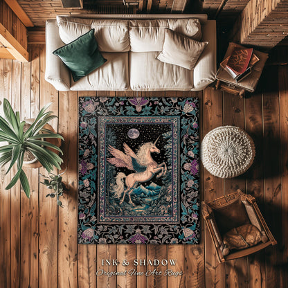 Pastel Moonlight Rustic Pegasus Rug | Baroque Fairytale Decor Whimsical Cottagecore Accent Fantasy Forest Regal Castlecore Maximalist Decor