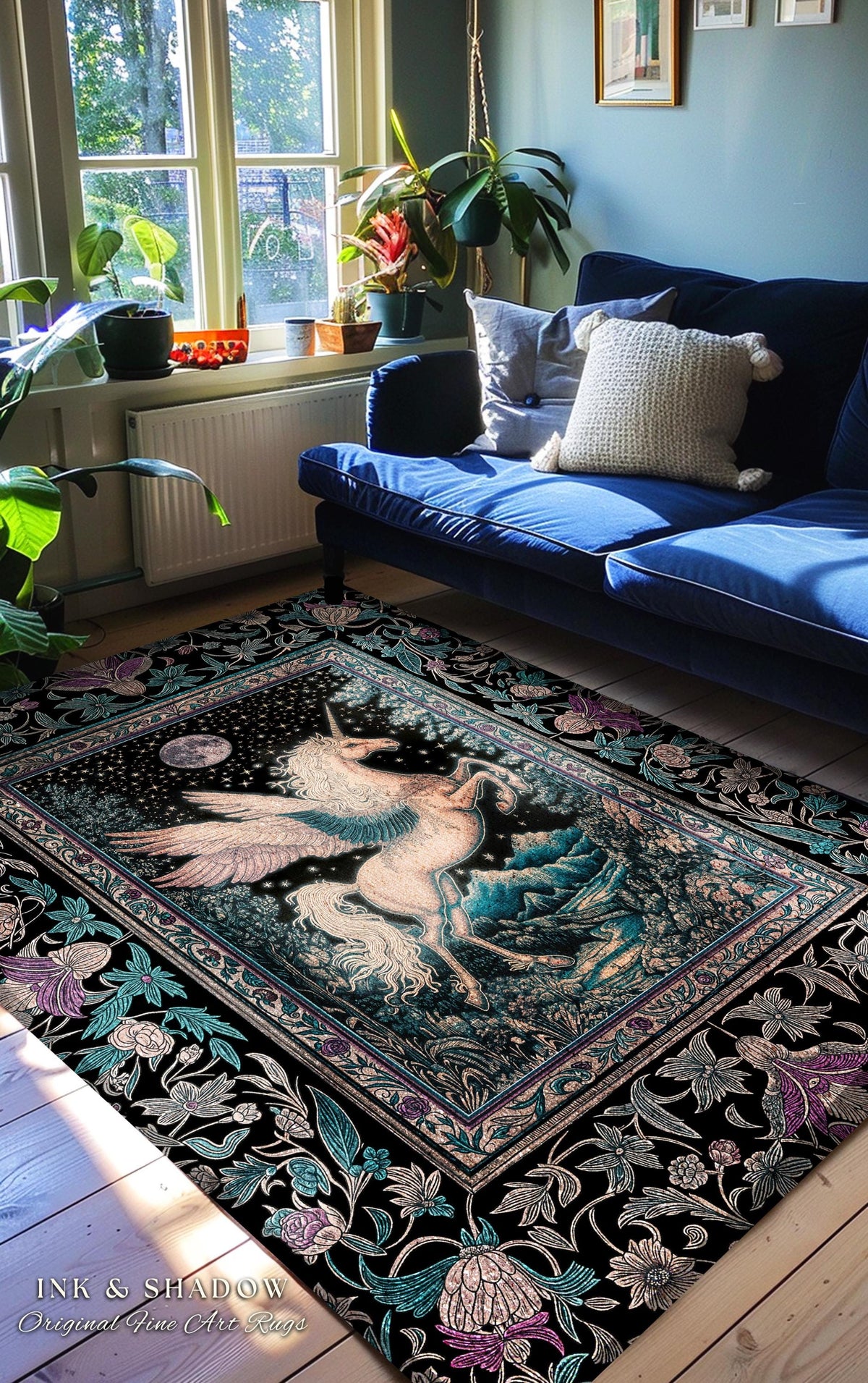Pastel Moonlight Rustic Pegasus Rug | Baroque Fairytale Decor Whimsical Cottagecore Accent Fantasy Forest Regal Castlecore Maximalist Decor