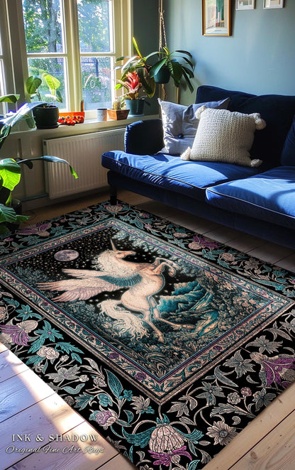 Pastel Moonlight Rustic Pegasus Rug | Baroque Fairytale Decor Whimsical Cottagecore Accent Fantasy Forest Regal Castlecore Maximalist Decor