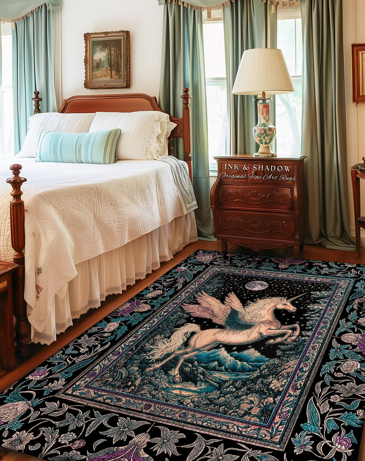 Pastel Moonlight Rustic Pegasus Rug | Baroque Fairytale Decor Whimsical Cottagecore Accent Fantasy Forest Regal Castlecore Maximalist Decor