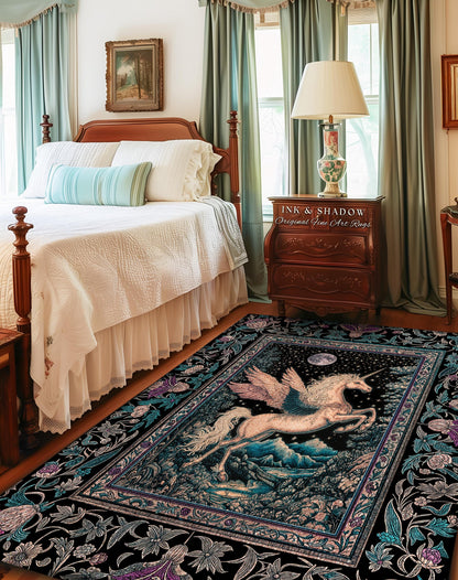 Pastel Moonlight Rustic Pegasus Rug | Baroque Fairytale Decor Whimsical Cottagecore Accent Fantasy Forest Regal Castlecore Maximalist Decor