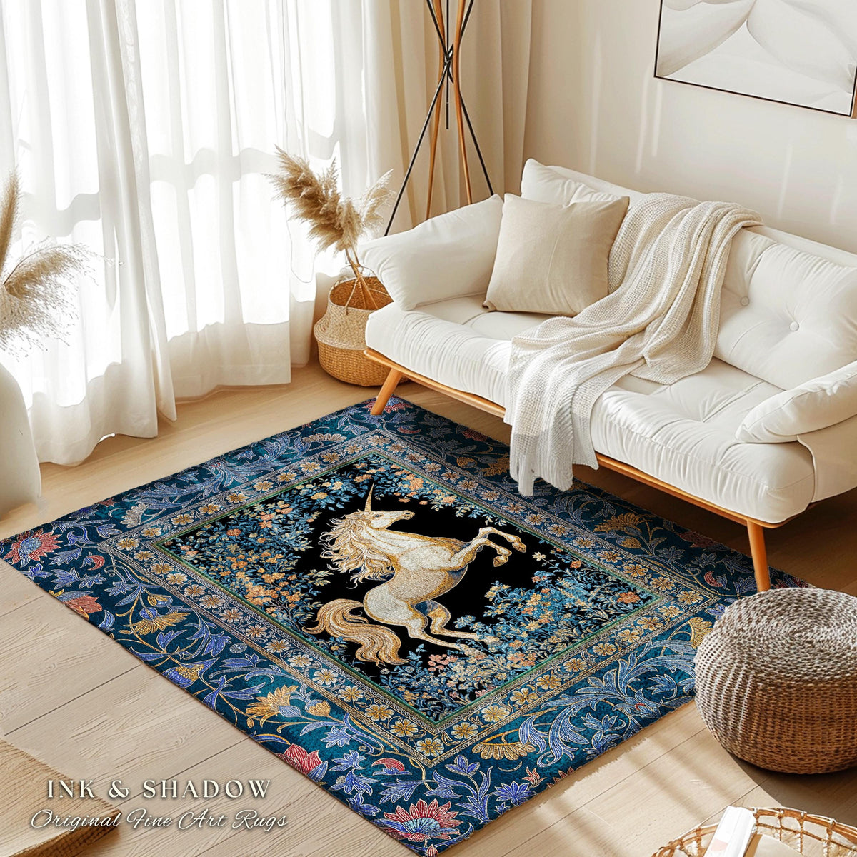 Twilight Floral Ornate Unicorn Rug | Baroque Fairytale Midnight Castlecore Decor Regal Romantic Gothic Mystical Rococo Whimsical Art Accent