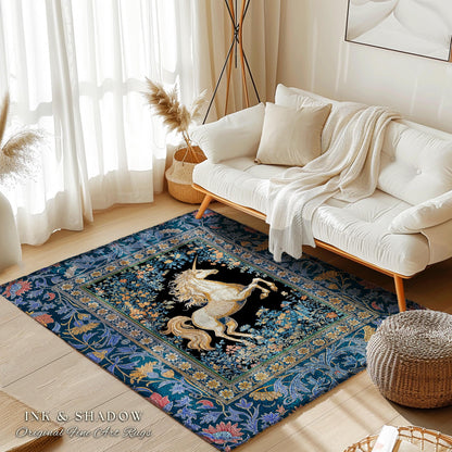 Twilight Floral Ornate Unicorn Rug | Baroque Fairytale Midnight Castlecore Decor Regal Romantic Gothic Mystical Rococo Whimsical Art Accent