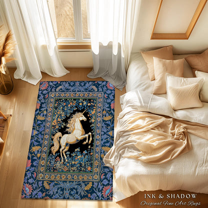 Twilight Floral Ornate Unicorn Rug | Baroque Fairytale Midnight Castlecore Decor Regal Romantic Gothic Mystical Rococo Whimsical Art Accent