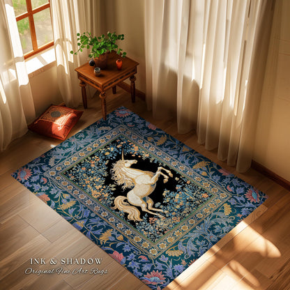 Twilight Floral Ornate Unicorn Rug | Baroque Fairytale Midnight Castlecore Decor Regal Romantic Gothic Mystical Rococo Whimsical Art Accent