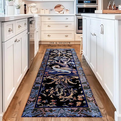 Mystic Moody Dragon Runner Rug | Ethereal Botanical Woodland Magic Fantasy Forest Rocco Baroque Whimsical Tree Entryway Statement Floor Art