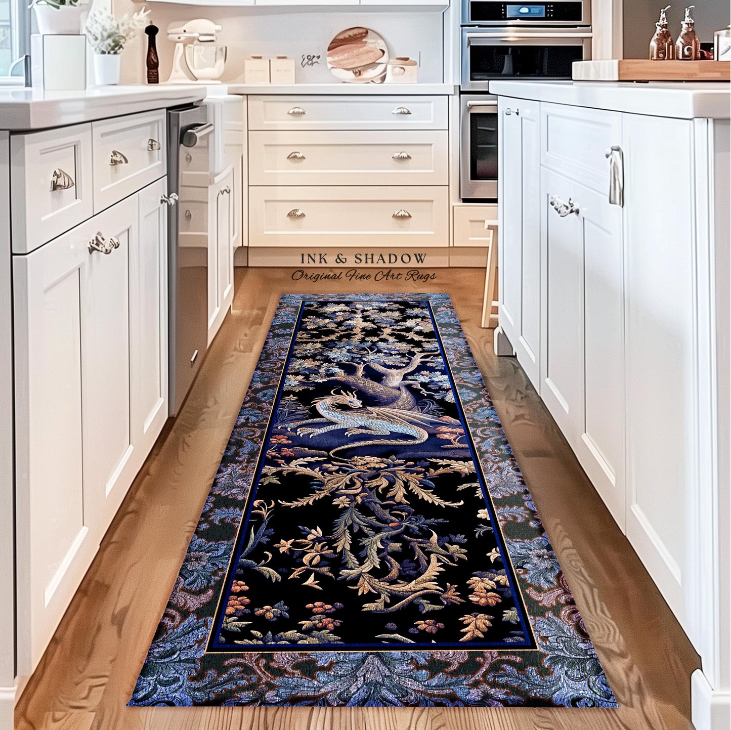 Mystic Moody Dragon Runner Rug | Ethereal Botanical Woodland Magic Fantasy Forest Rocco Baroque Whimsical Tree Entryway Statement Floor Art
