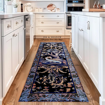 Mystic Moody Dragon Runner Rug | Ethereal Botanical Woodland Magic Fantasy Forest Rocco Baroque Whimsical Tree Entryway Statement Floor Art
