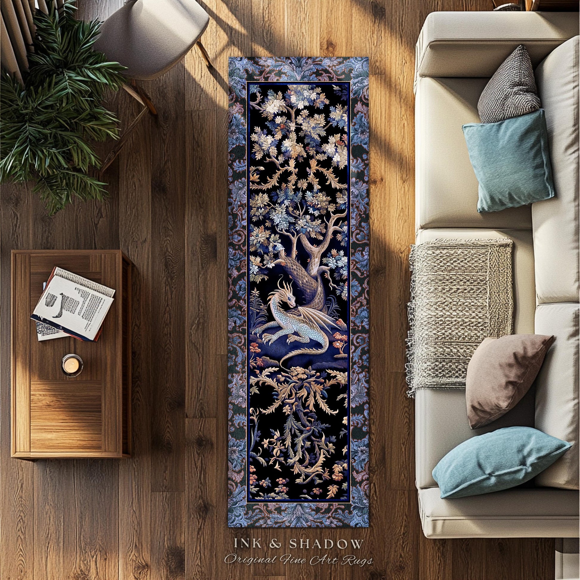 Mystic Moody Dragon Runner Rug | Ethereal Botanical Woodland Magic Fantasy Forest Rocco Baroque Whimsical Tree Entryway Statement Floor Art