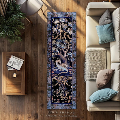 Mystic Moody Dragon Runner Rug | Ethereal Botanical Woodland Magic Fantasy Forest Rocco Baroque Whimsical Tree Entryway Statement Floor Art
