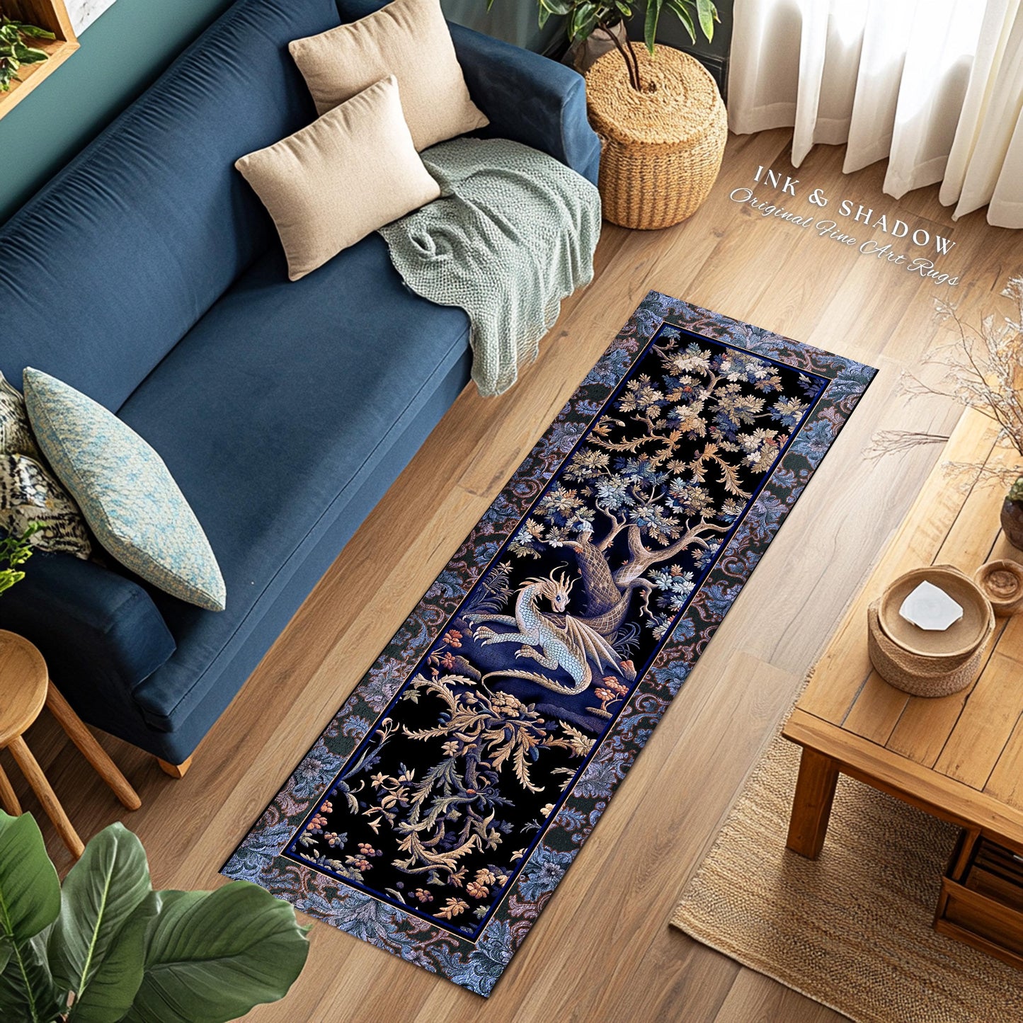 Mystic Moody Dragon Runner Rug | Ethereal Botanical Woodland Magic Fantasy Forest Rocco Baroque Whimsical Tree Entryway Statement Floor Art