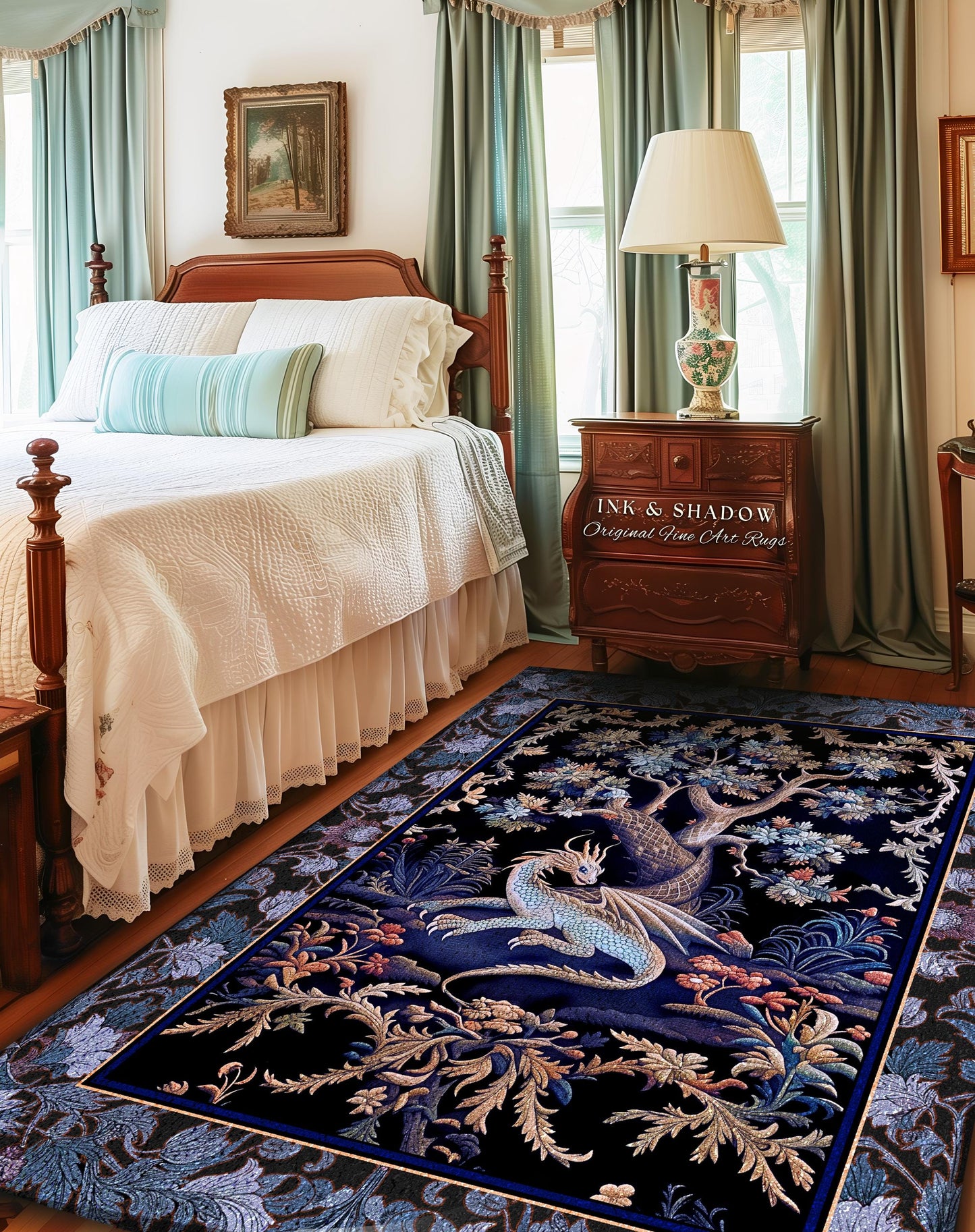 Mystic Moody Dragon Runner Rug | Ethereal Botanical Woodland Magic Fantasy Forest Rocco Baroque Whimsical Tree Entryway Statement Floor Art
