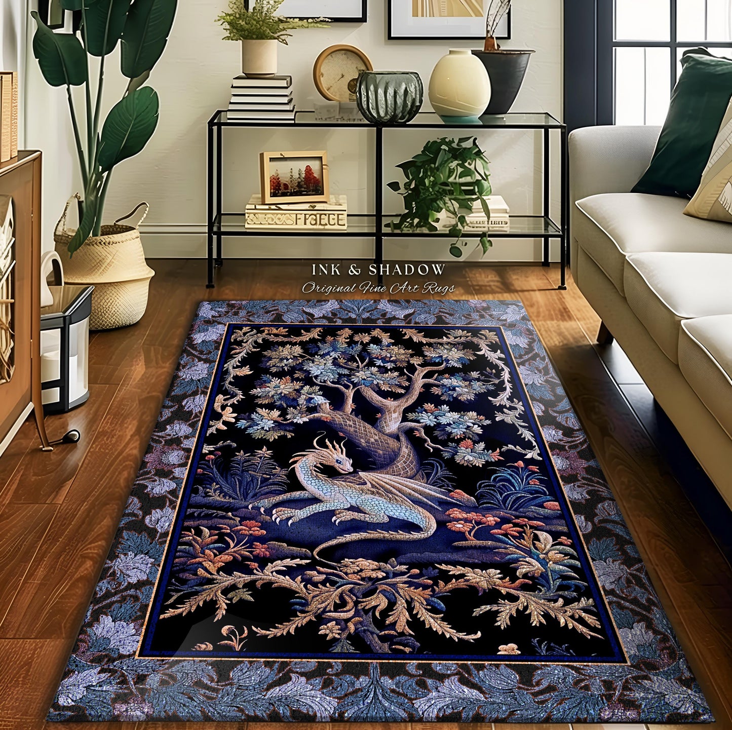 Mystic Moody Dragon Runner Rug | Ethereal Botanical Woodland Magic Fantasy Forest Rocco Baroque Whimsical Tree Entryway Statement Floor Art