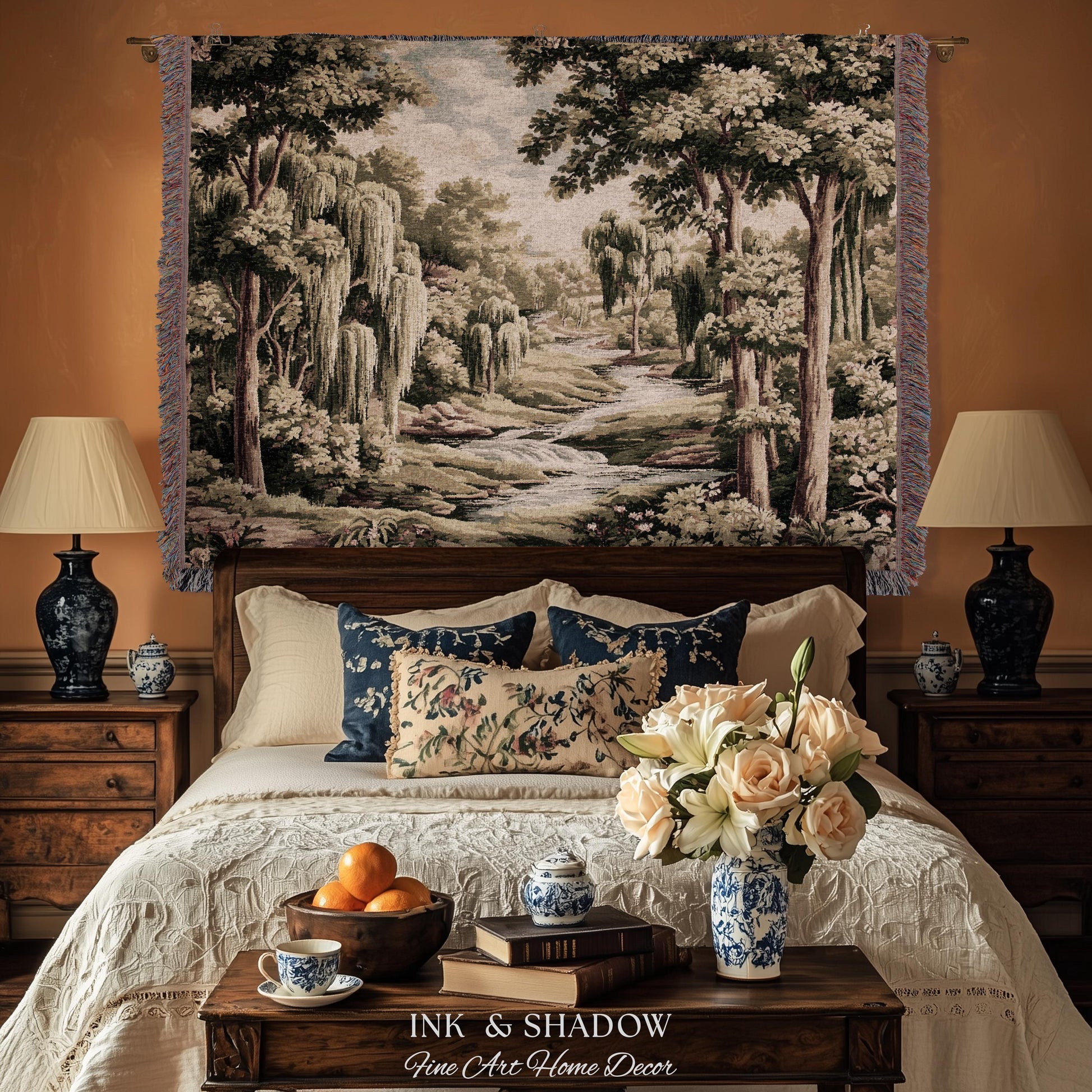 French Landscape River Scene Willow Tree Enchanted Forest Verdure Tapestry, Pastoral Wall Decor Aubusson Style Woven Throw Tranquil Home Art