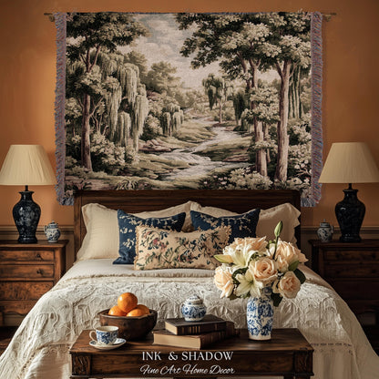 French Landscape River Scene Willow Tree Enchanted Forest Verdure Tapestry, Pastoral Wall Decor Aubusson Style Woven Throw Tranquil Home Art