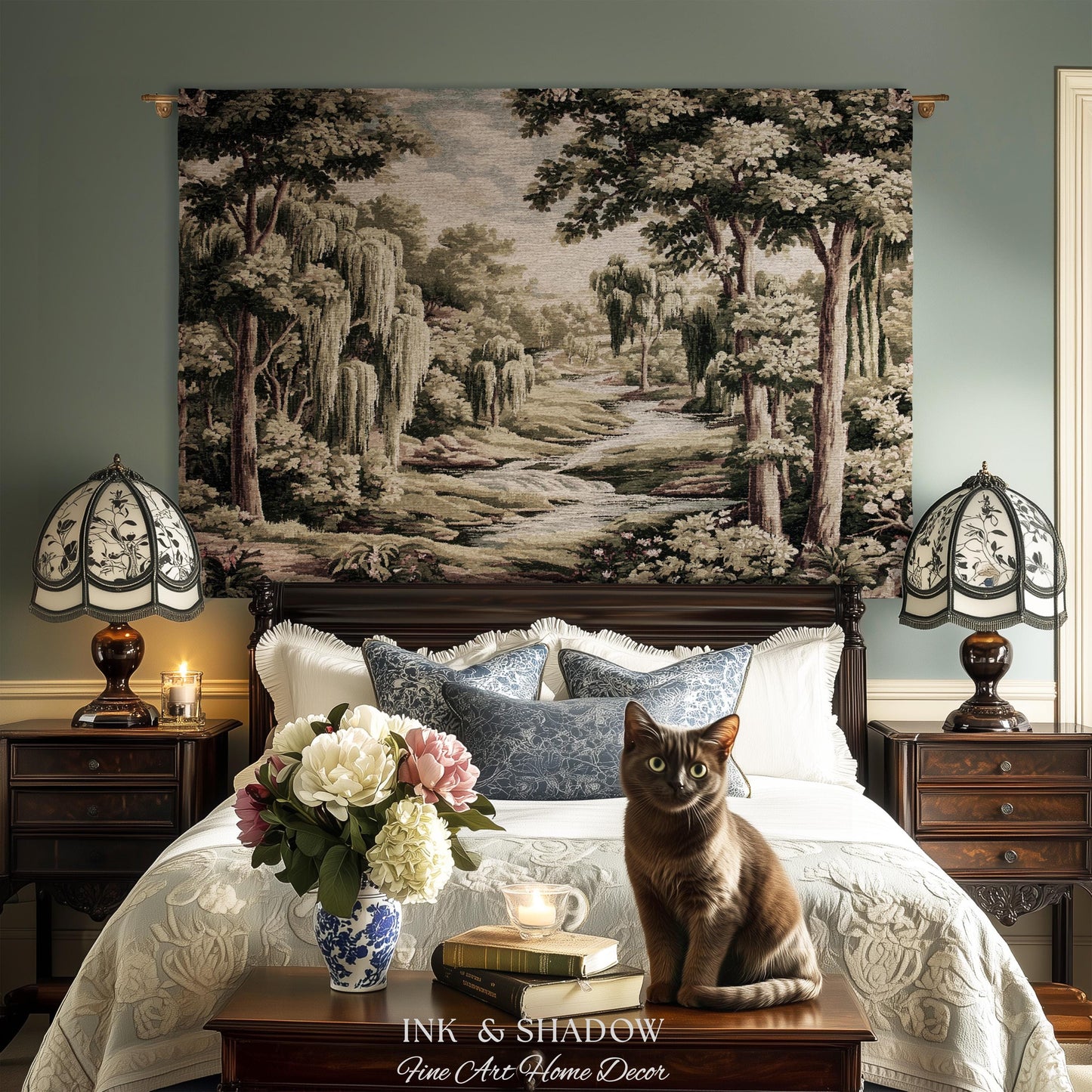 French Landscape River Scene Willow Tree Enchanted Forest Verdure Tapestry, Pastoral Wall Decor Aubusson Style Woven Throw Tranquil Home Art