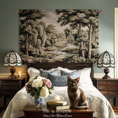 French Landscape River Scene Willow Tree Enchanted Forest Verdure Tapestry, Pastoral Wall Decor Aubusson Style Woven Throw Tranquil Home Art