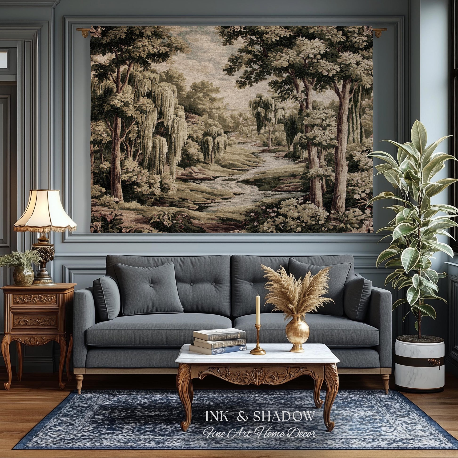 French Landscape River Scene Willow Tree Enchanted Forest Verdure Tapestry, Pastoral Wall Decor Aubusson Style Woven Throw Tranquil Home Art