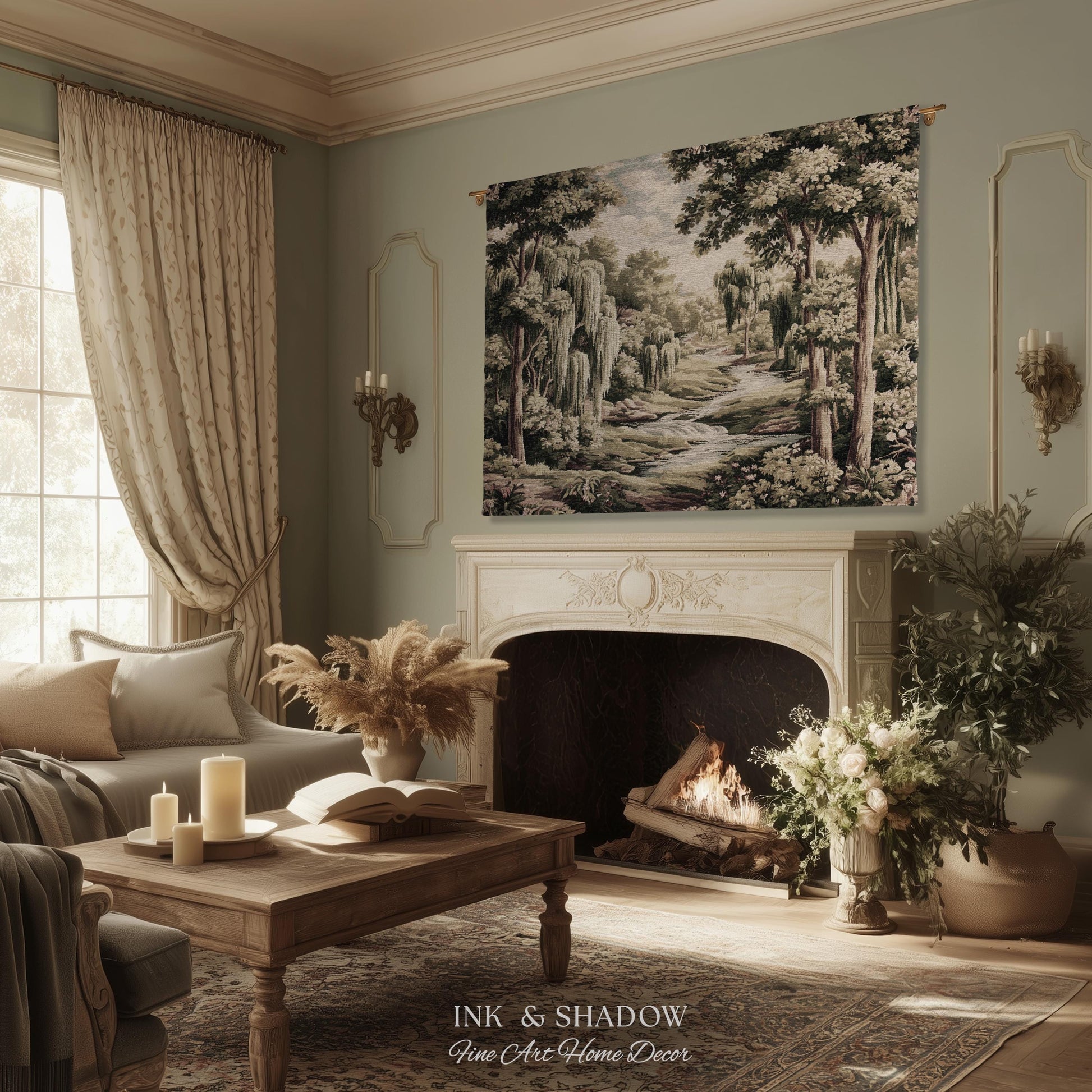French Landscape River Scene Willow Tree Enchanted Forest Verdure Tapestry, Pastoral Wall Decor Aubusson Style Woven Throw Tranquil Home Art