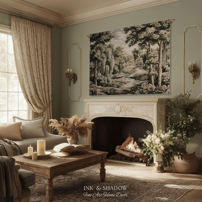 French Landscape River Scene Willow Tree Enchanted Forest Verdure Tapestry, Pastoral Wall Decor Aubusson Style Woven Throw Tranquil Home Art