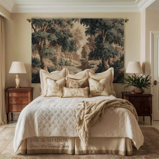 Rustic Landscape Forest River Art Woven Tapestry Throw | European Vintage Verdure Woodland Wall Decor French Jacquard Peaceful Nature Scene