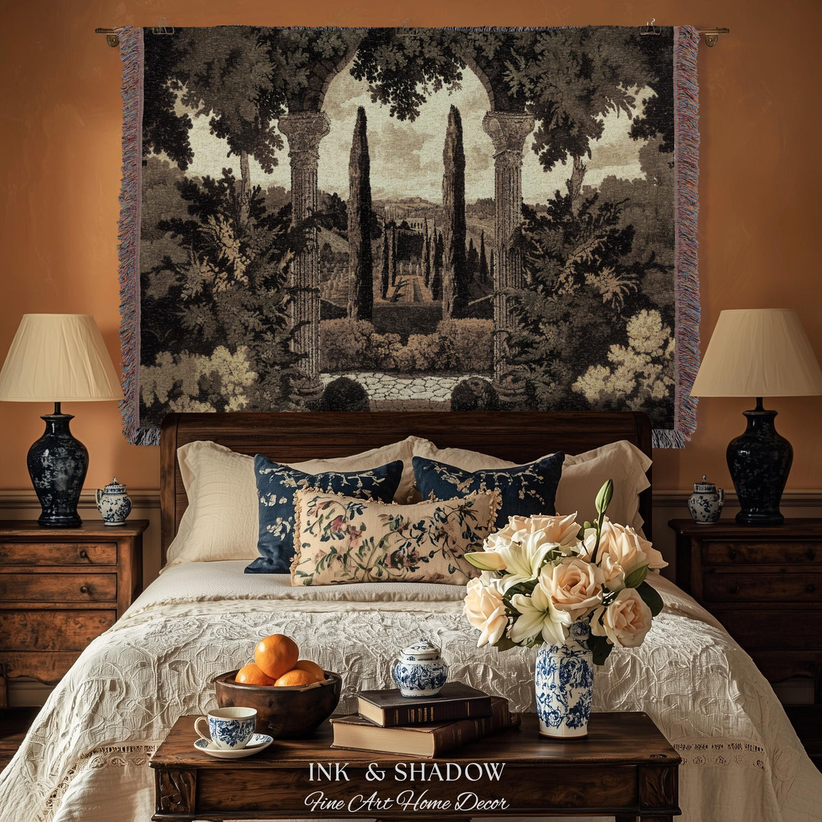 Italian Garden Scene Villa Landscape Woven Throw, Tuscan Archway Wall Art Jacquard Tapestry Blanket Serene Countryside Mediterranean Decor