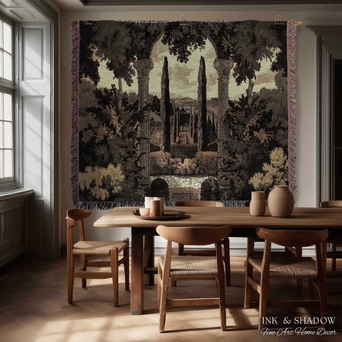 Italian Garden Scene Villa Landscape Woven Throw, Tuscan Archway Wall Art Jacquard Tapestry Blanket Serene Countryside Mediterranean Decor