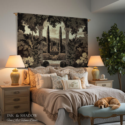 Italian Garden Scene Villa Landscape Woven Throw, Tuscan Archway Wall Art Jacquard Tapestry Blanket Serene Countryside Mediterranean Decor