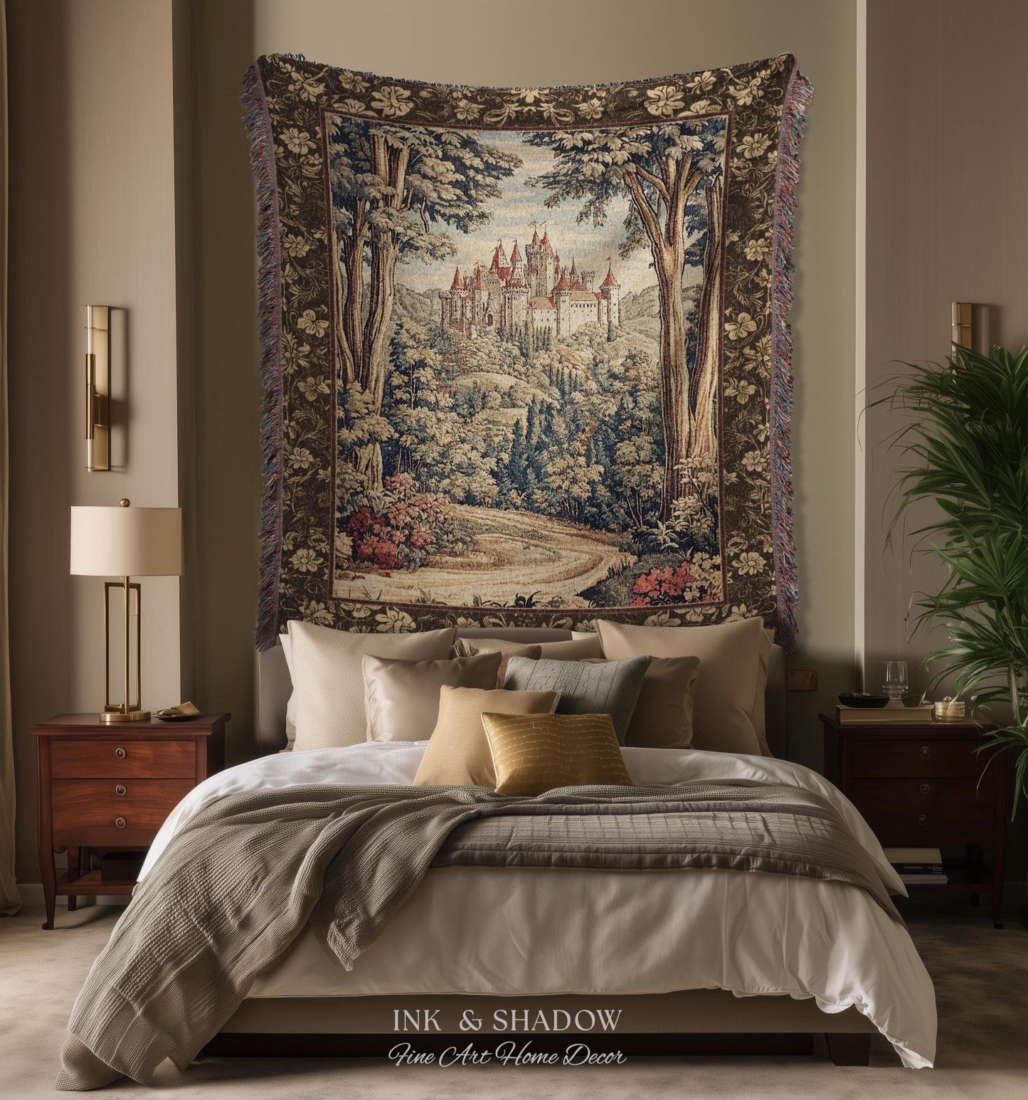 Book Nook Fairytale Castle Tapestry Throw, Woodland Fairycore Bohemian Folklore Aesthetic Magical Landscape Forestcore Dark Academia Blanket