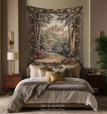 Book Nook Fairytale Castle Tapestry Throw, Woodland Fairycore Bohemian Folklore Aesthetic Magical Landscape Forestcore Dark Academia Blanket