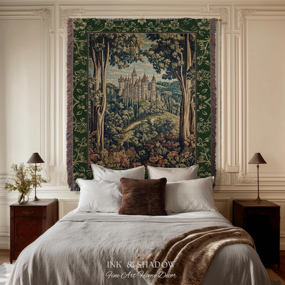 Fairytale Aesthetic Castle Tapestry Blanket Fairycore Folklore Inspired Decor | Magical Woodland Bedroom Whimsigothic Ethereal Forest Throw