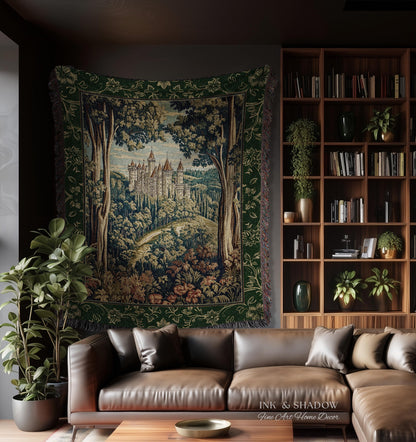 Fairytale Aesthetic Castle Tapestry Blanket Fairycore Folklore Inspired Decor | Magical Woodland Bedroom Whimsigothic Ethereal Forest Throw