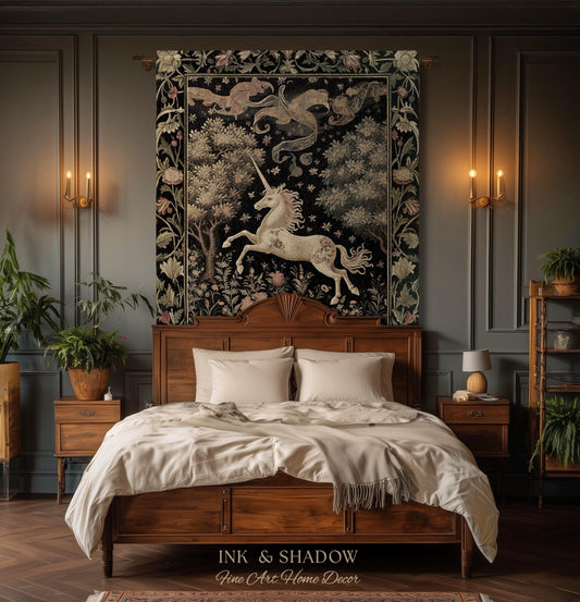 Unicorn Mystical Medieval Art Blanket Folklore Whimsigothic Decor | Dark Cottagecore Mystic Grunge Fairycore Whimsical Witchy Tapestry Throw