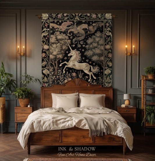 Unicorn Mystical Medieval Art Blanket Folklore Whimsigothic Decor | Dark Cottagecore Mystic Grunge Fairycore Whimsical Witchy Tapestry Throw