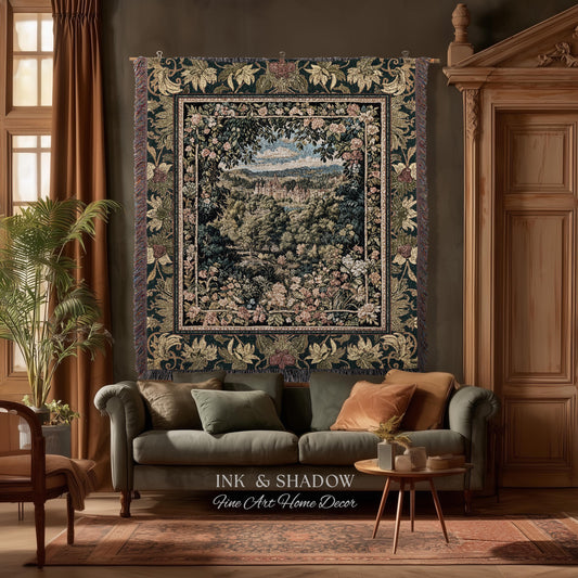 May include: A rectangular woven wall tapestry featuring a central landscape scene of a castle surrounded by dense trees and a floral border. The tapestry has a dark background with intricate botanical patterns in shades of green, pink, and cream.