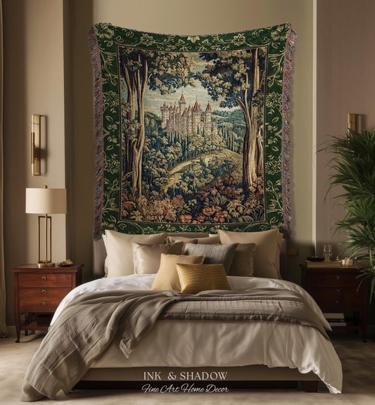 Fairytale Aesthetic Castle Tapestry Blanket Fairycore Folklore Inspired Decor | Magical Woodland Bedroom Whimsigothic Ethereal Forest Throw