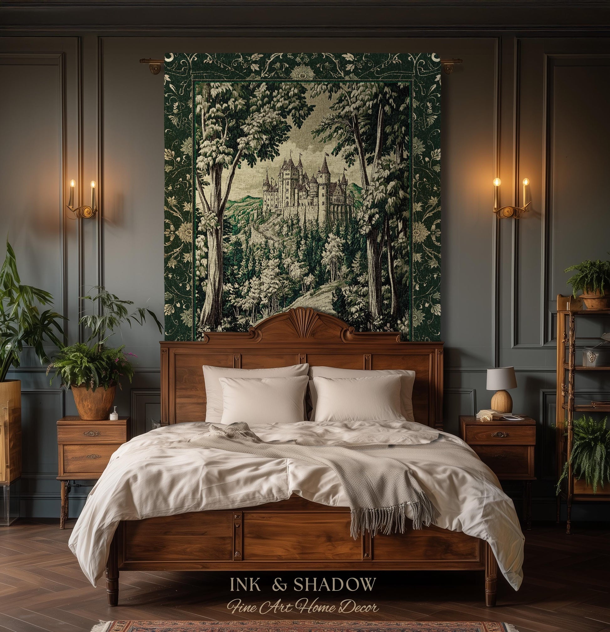 Medieval Castle Woodland Forest Tapestry Blanket Forestcore Dark Academia Fairytale Decor | Fairycore Magical Emerald Green Landscape Throw