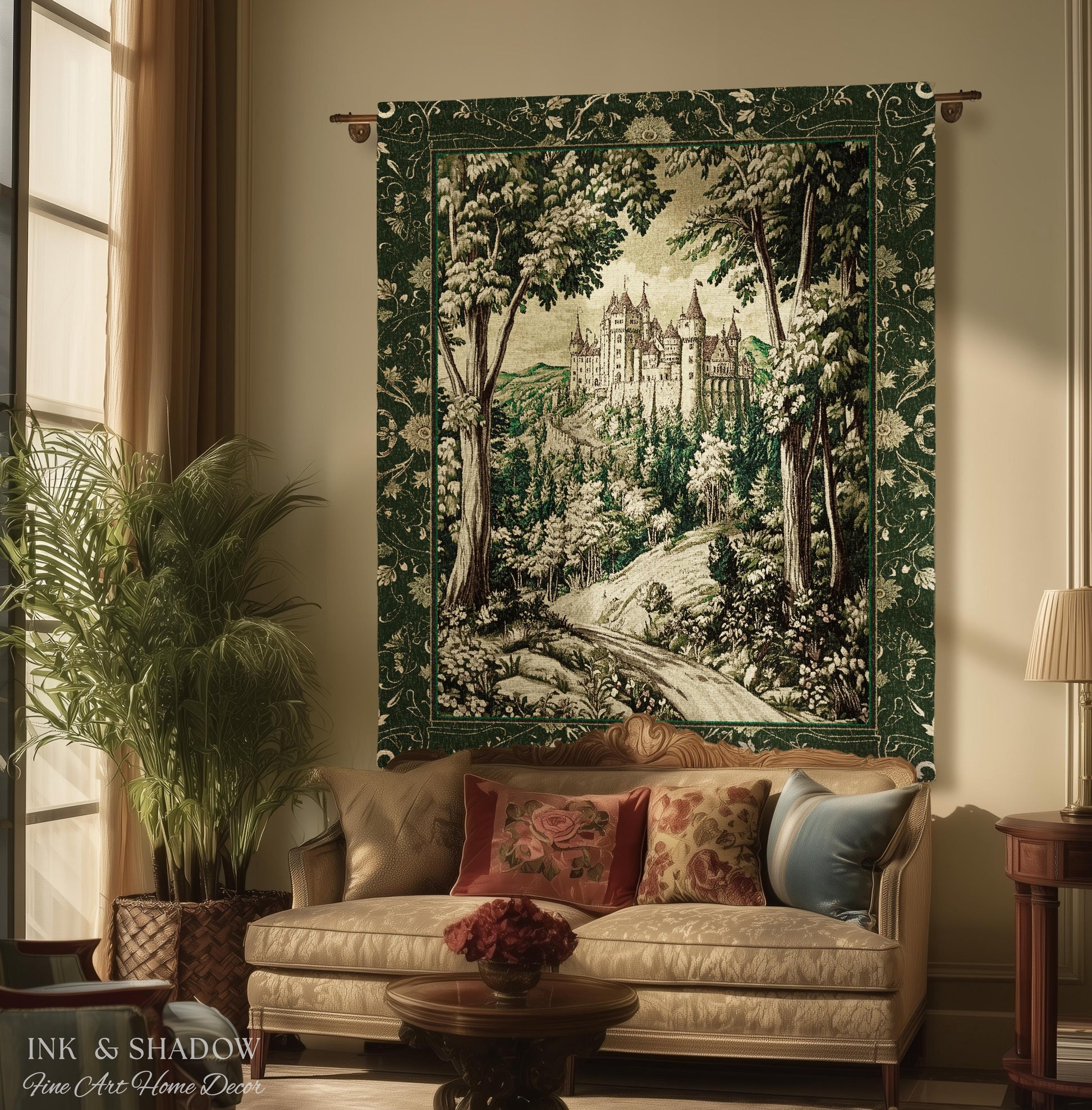 Medieval Castle Woodland Forest Tapestry Blanket Forestcore Dark Academia Fairytale Decor | Fairycore Magical Emerald Green Landscape Throw