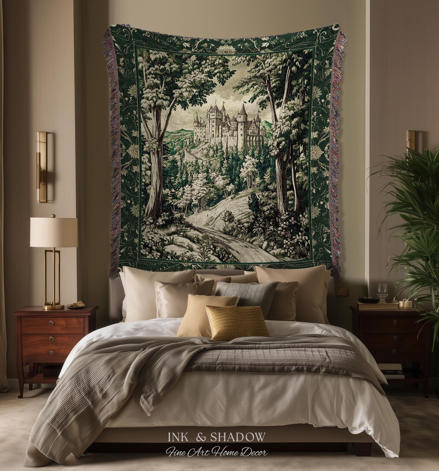 Medieval Castle Woodland Forest Tapestry Blanket Forestcore Dark Academia Fairytale Decor | Fairycore Magical Emerald Green Landscape Throw