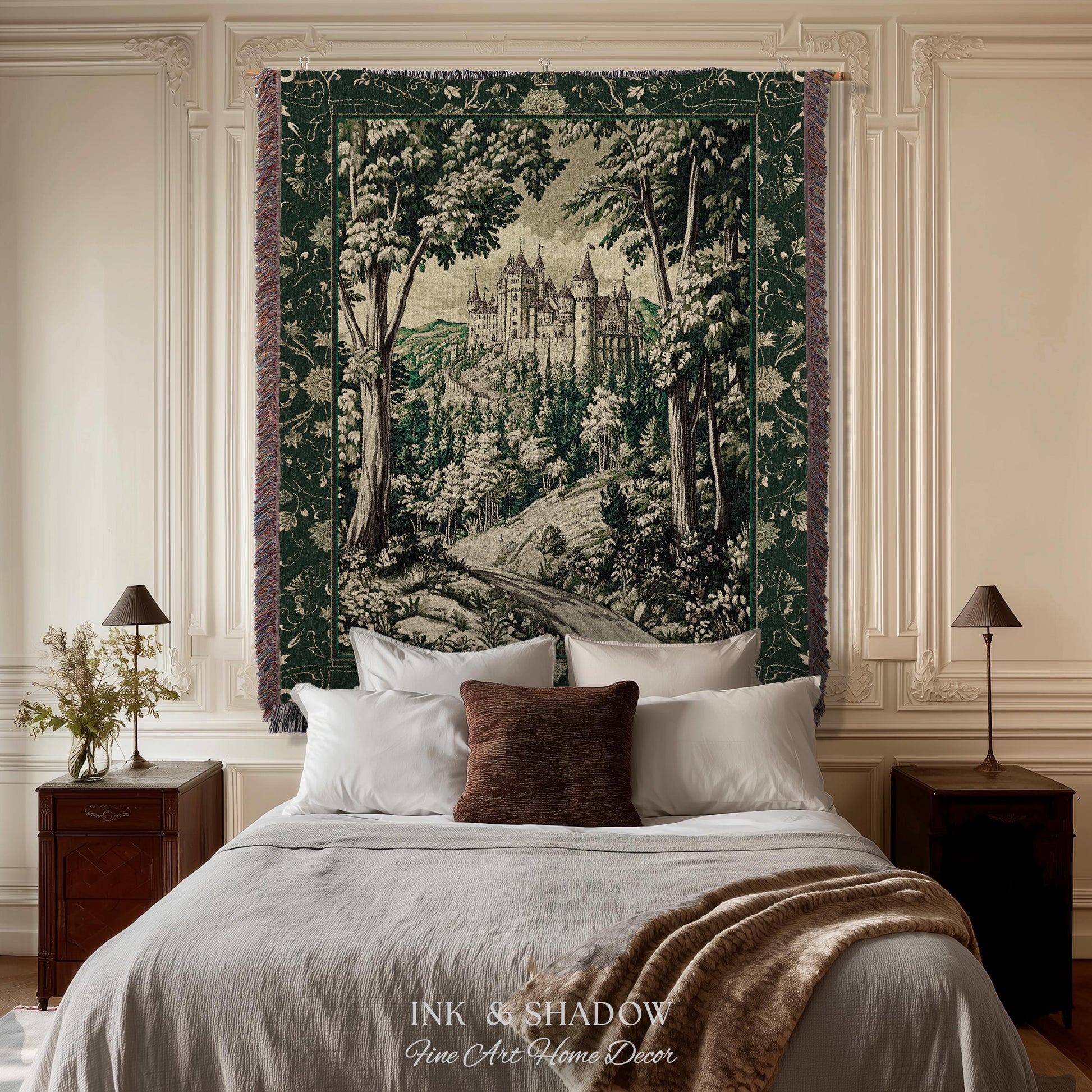 Medieval Castle Woodland Forest Tapestry Blanket Forestcore Dark Academia Fairytale Decor | Fairycore Magical Emerald Green Landscape Throw