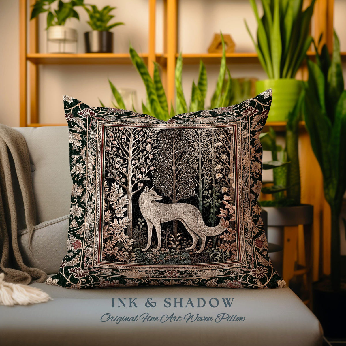 Cozy Hygge Woodland Wolf Woven Cushion | Elegant Cottagecore Forest Bohemian Pillow Homey Aesthetic Magical Nature Fairytale Inspired Bed