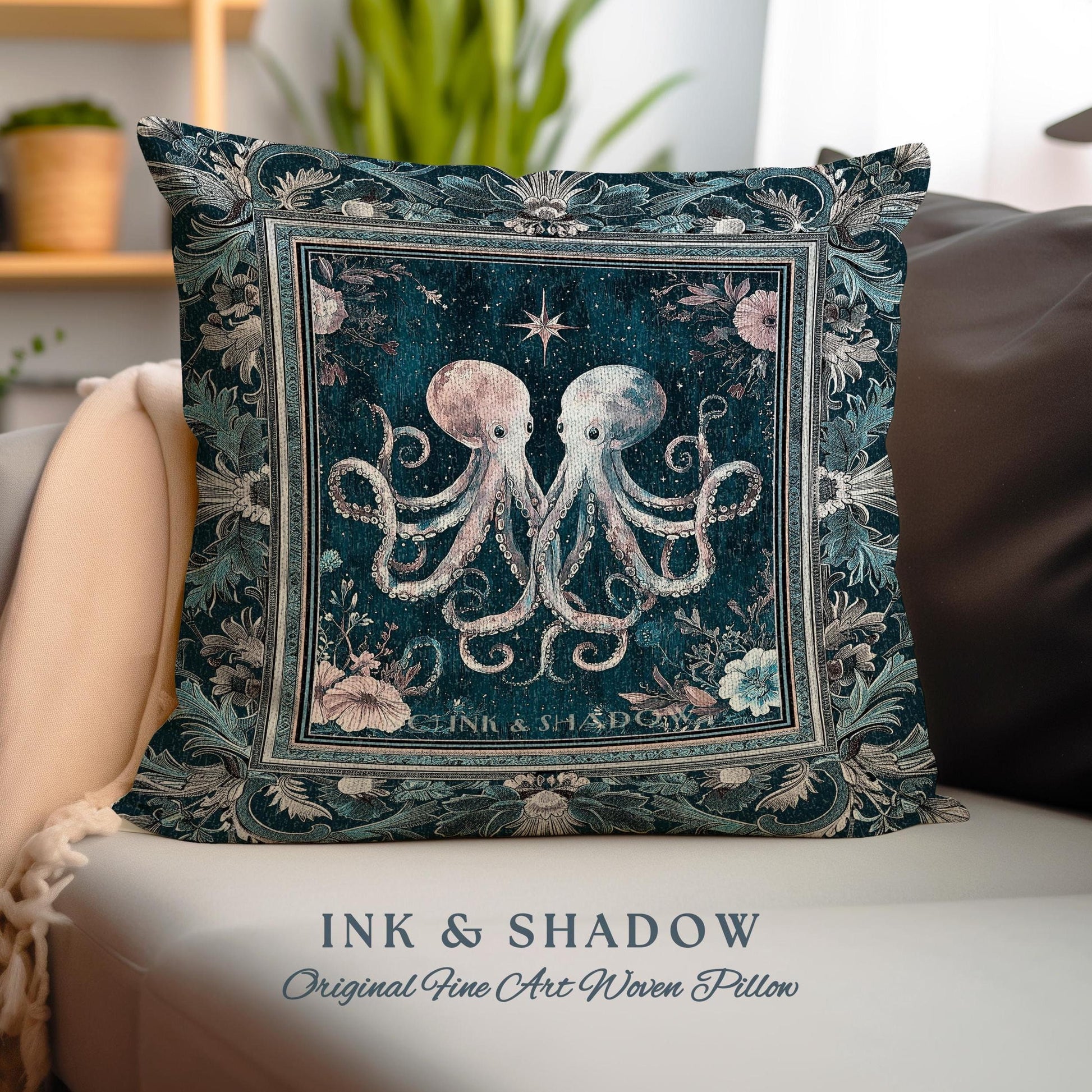 May include: A decorative pillow with a woven tapestry design featuring two pink octopuses with their tentacles intertwined. The background is a dark teal with a starry sky and floral accents. The text "Ink & Shadow" is visible in the bottom center of the pillow.