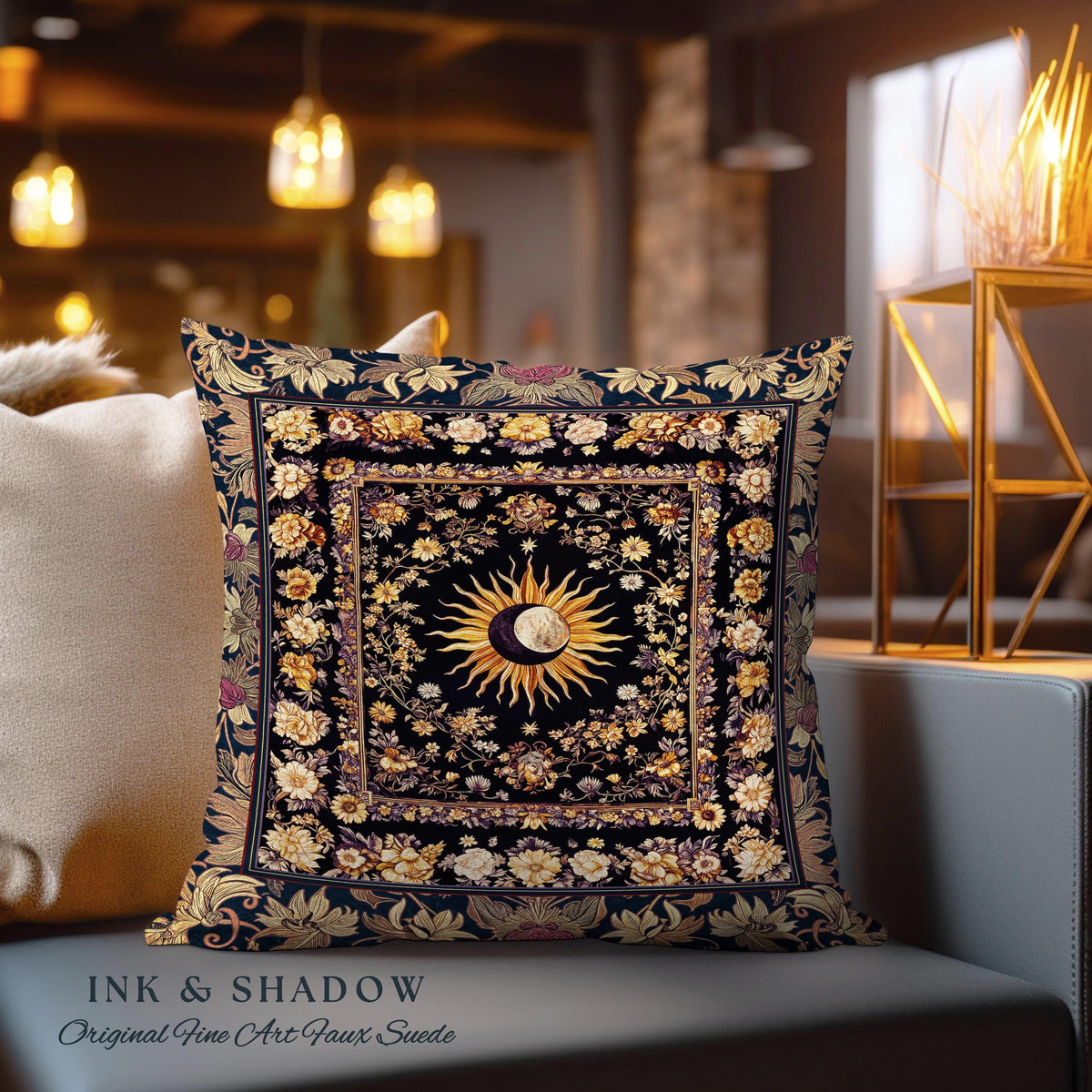 Cosmic Elegance Celestial Pillow | Dark Cottagecore Moon and Sun Ethereal Divine Aesthetic Witchy Bohemian Eclectic Spiritual Woven Cushion
