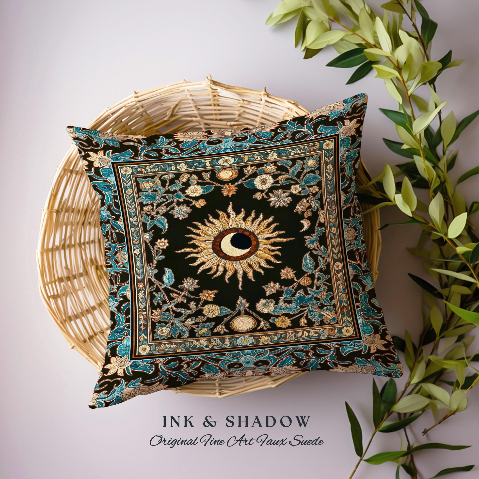 Mystic Moon Dark Academia Pillow | Celestial Tarot Inspired Gothic Maximalist Bedroom Woven Tapestry Cushion Whimsical Astrology Ethereal |