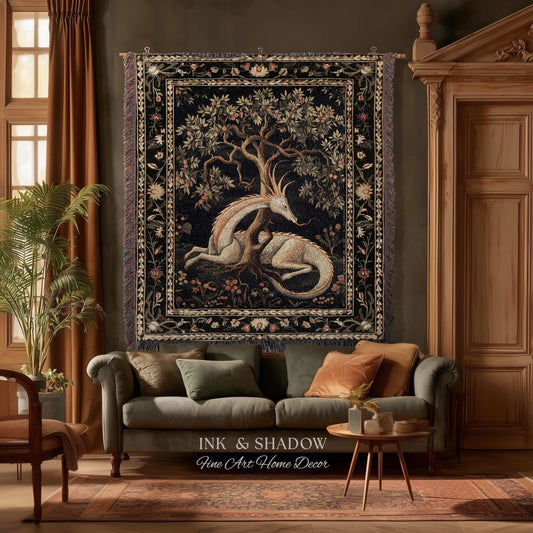 Folklore Dragon Woven Blanket | Medieval Aesthetic Fairytale Inspired Wall Art Cottagecore Style Fairycore Woven Throw Tapestry Botanical |