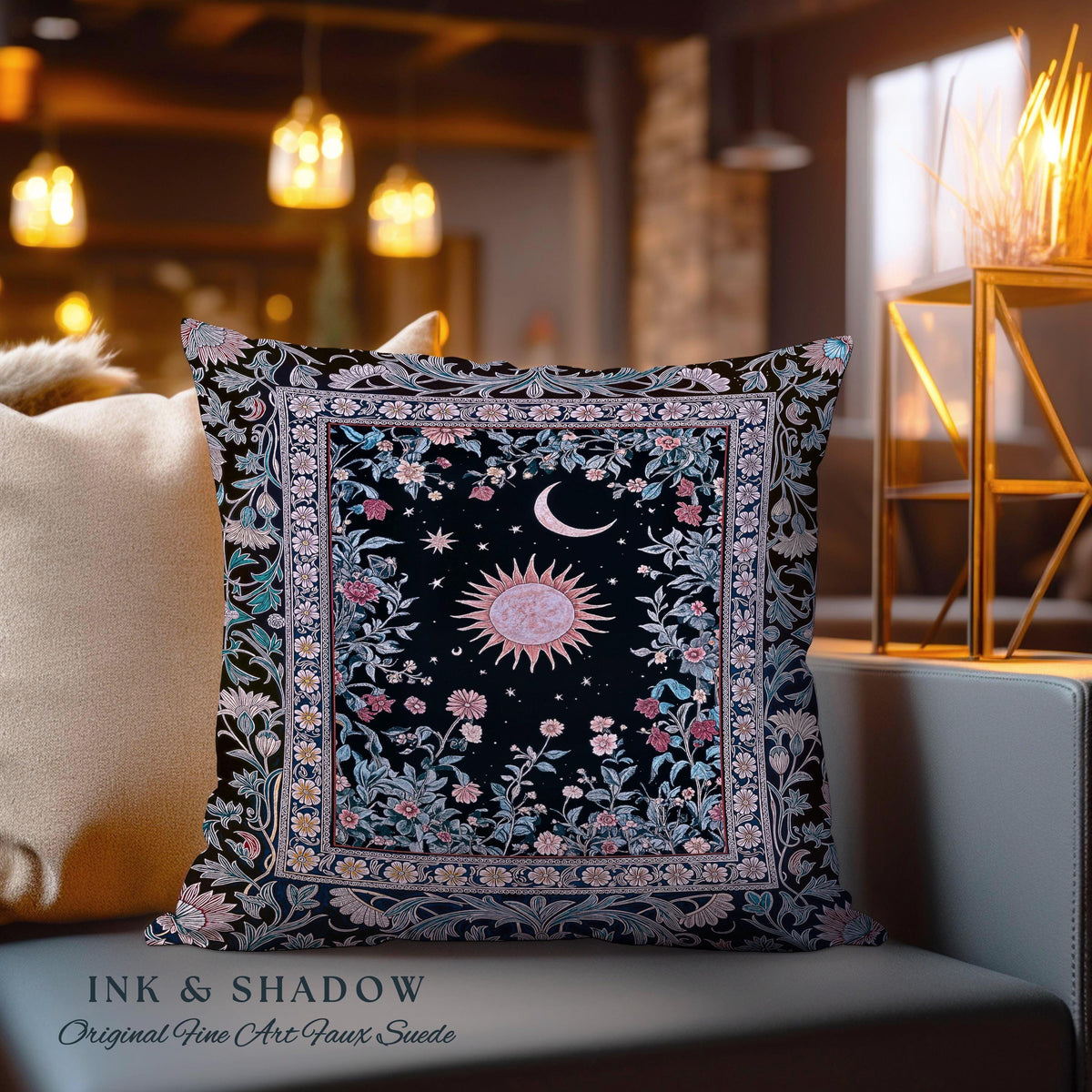 Midnight Lavender Celestial Pillow | Witchy Pastel Tarot-Inspired Bohemian Sun & Moon Maximalist Astrology Whimsical Purple Tapestry Cushion