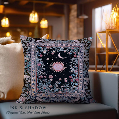 Midnight Lavender Celestial Pillow | Witchy Pastel Tarot-Inspired Bohemian Sun & Moon Maximalist Astrology Whimsical Purple Tapestry Cushion