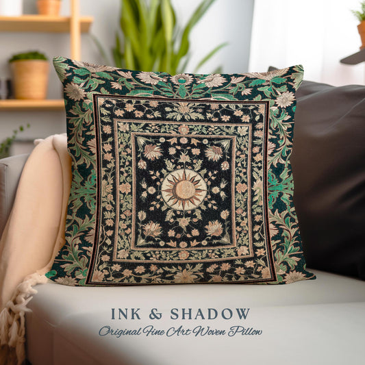 May include: A decorative pillow with a black, green, and gold woven design featuring a sunburst motif. The pillow has the text "INK & SHADOW Original Fine Art Woven Pillow" printed on the bottom.