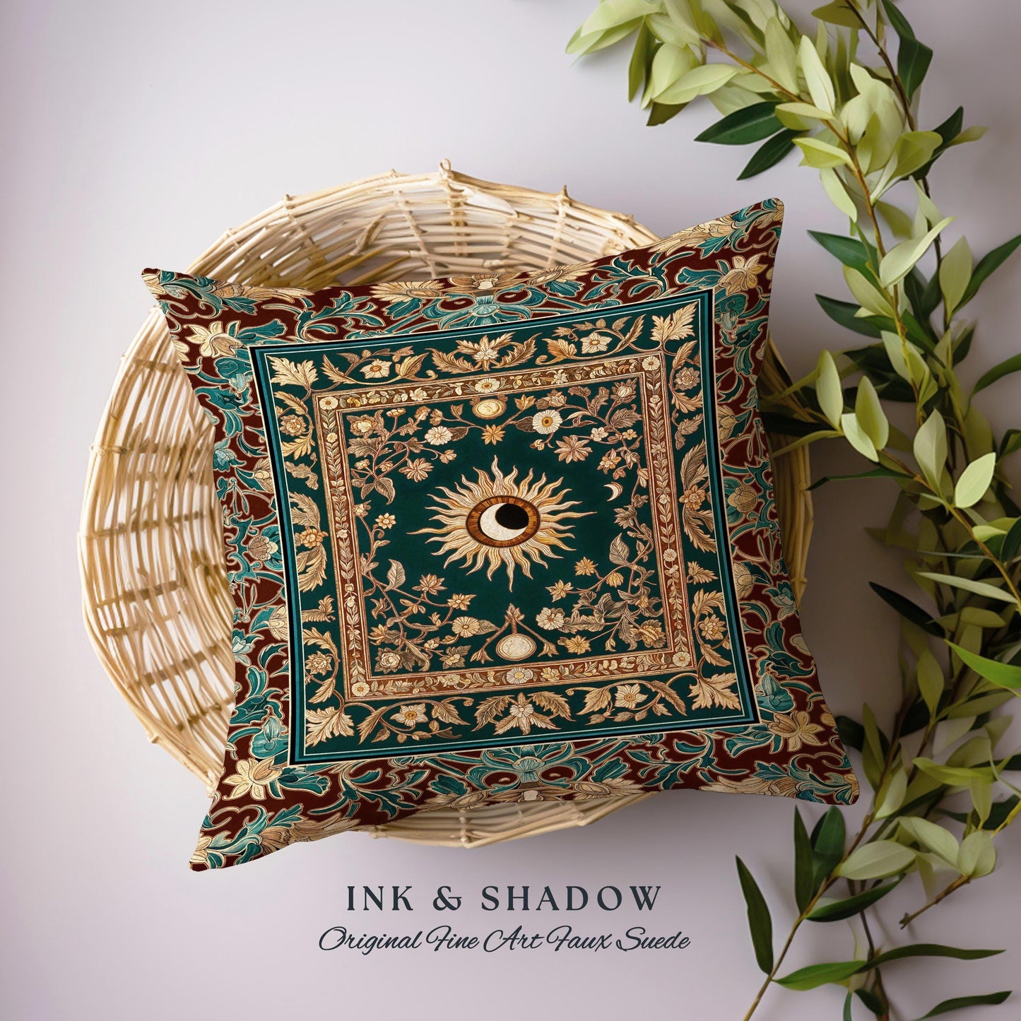 Moon and Sun Ethereal Bohemian Pillow | Celestial Tarot Aesthetic Zodiac Inspired Floral Maximalist Bed Ethereal Astrology Witchy Cushion