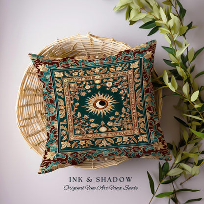 Moon and Sun Ethereal Bohemian Pillow | Celestial Tarot Aesthetic Zodiac Inspired Floral Maximalist Bed Ethereal Astrology Witchy Cushion